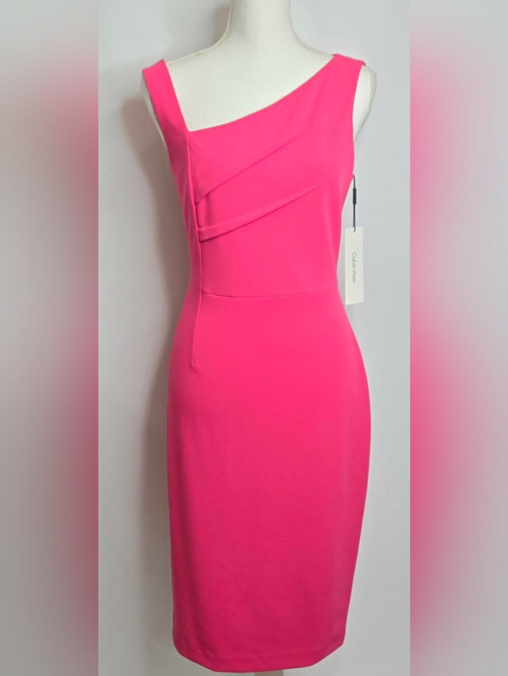 Calvin Klein Fuchsia Pink Wedding Guest Sheath Dress Asymmetrical Neck NWT 8